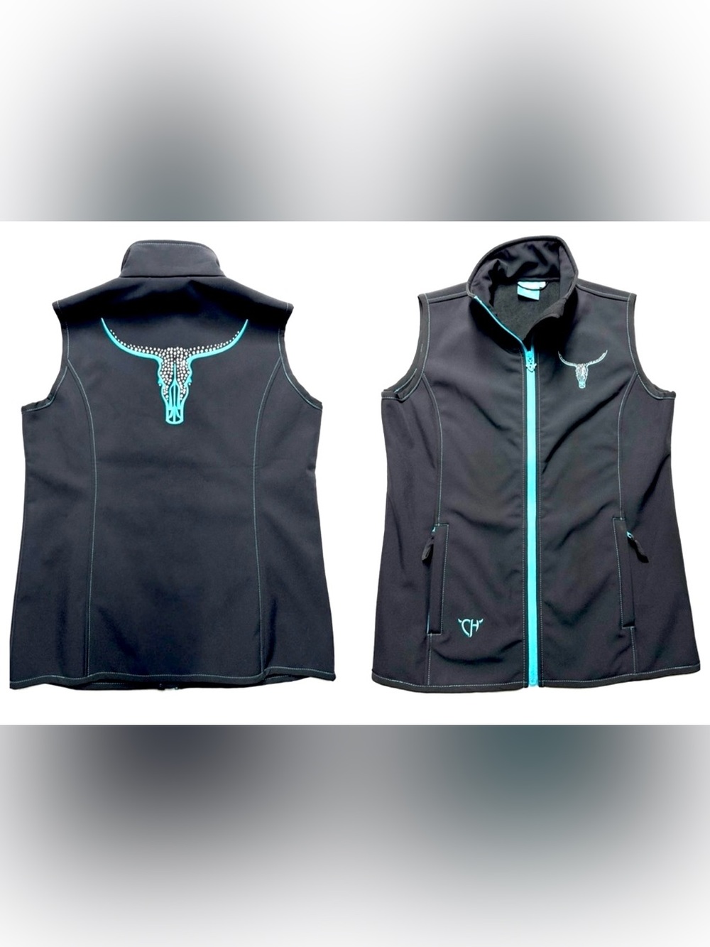 Cowgirl Hardware Women’s M Black Softshell Vest Rhinestone Longhorn Western